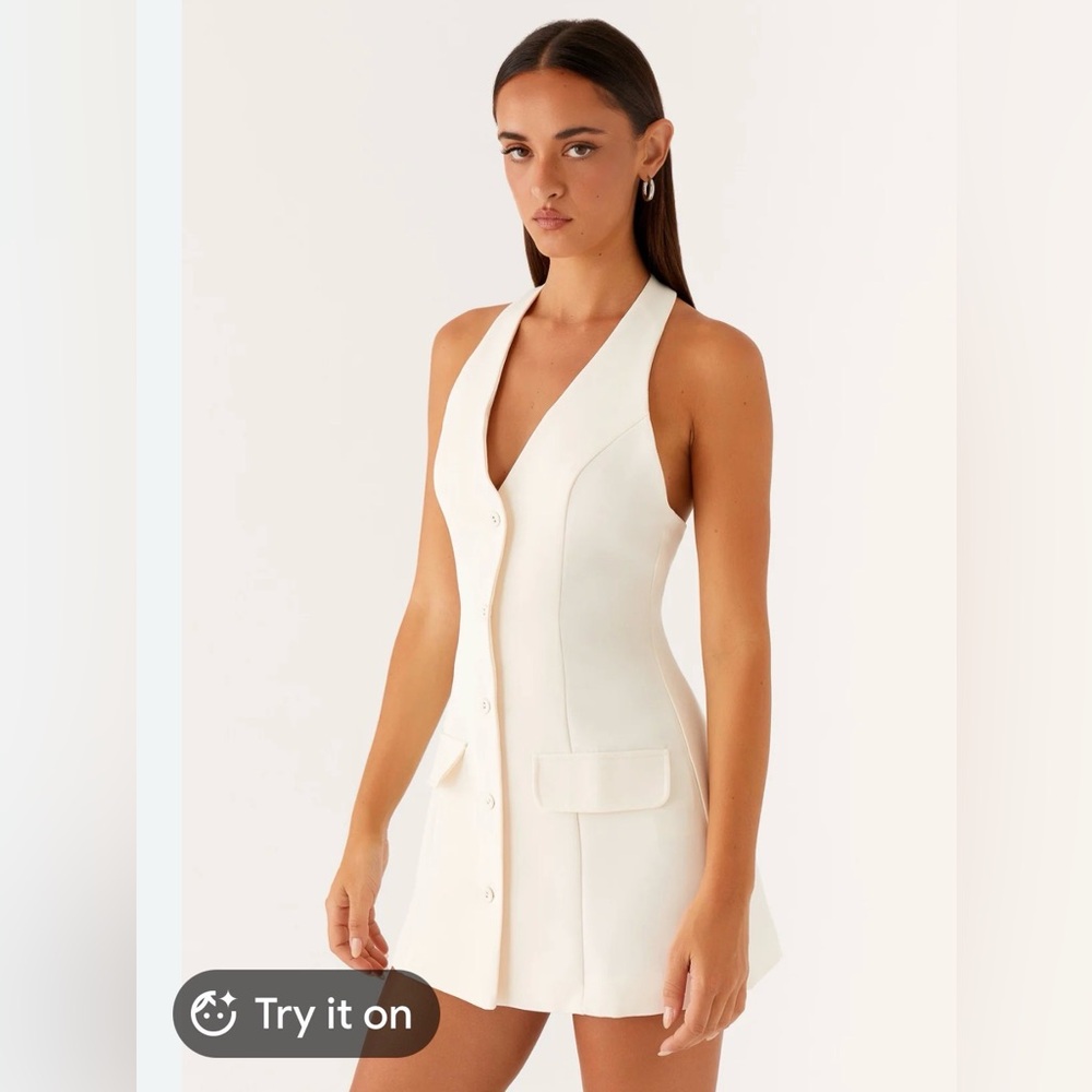 Priceless NWT Halter Neck Ivory Button down backless mini tailored Dress Sz S